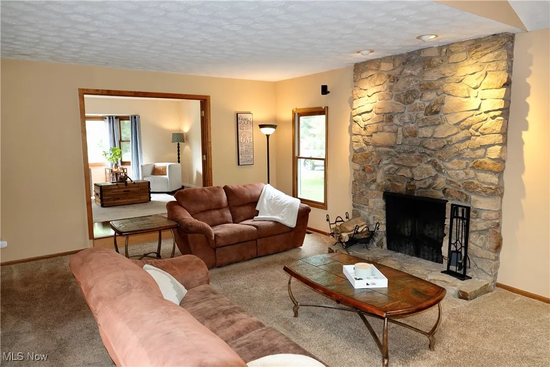 Living area with carpet floors, a fireplace, and a textured ceiling