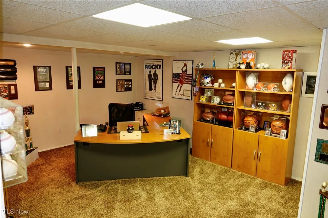 Office area with carpet flooring and a drop ceiling