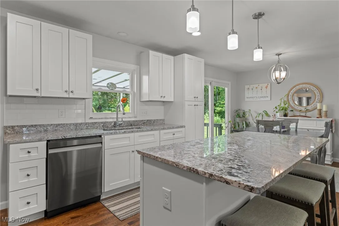 Kitchen with light stone countertops, stainless steel dishwasher, white cabinetry, dark wood-style floors, and hanging light fixtures