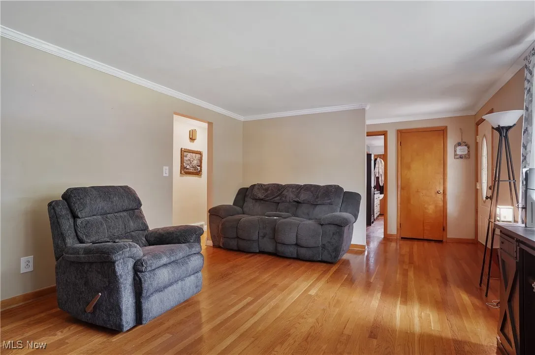 Living area featuring ornamental molding and light wood finished floors