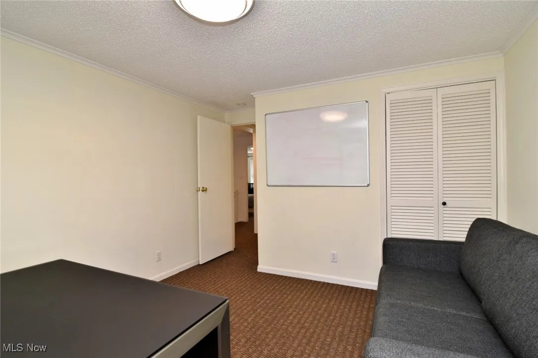 Living room featuring ornamental molding, carpet flooring, and a textured ceiling