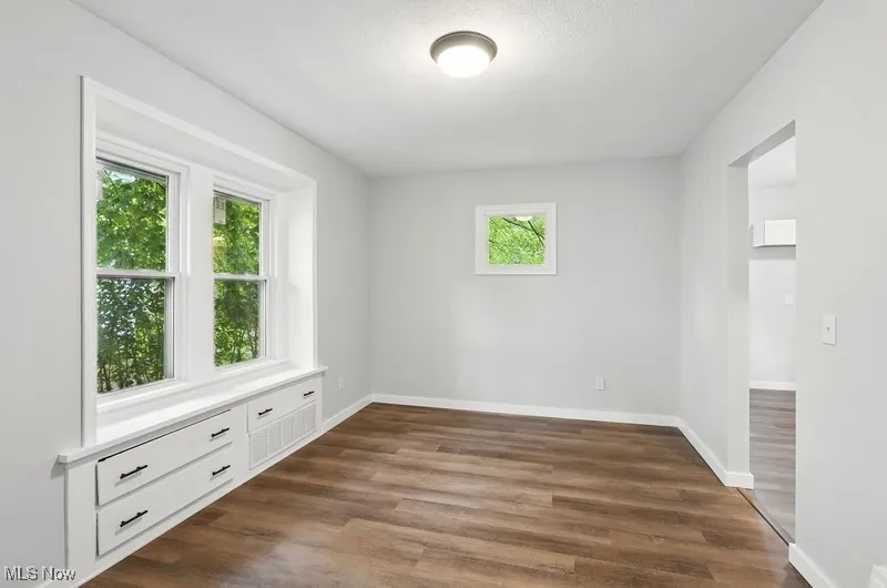 Spare room featuring dark wood-style flooring