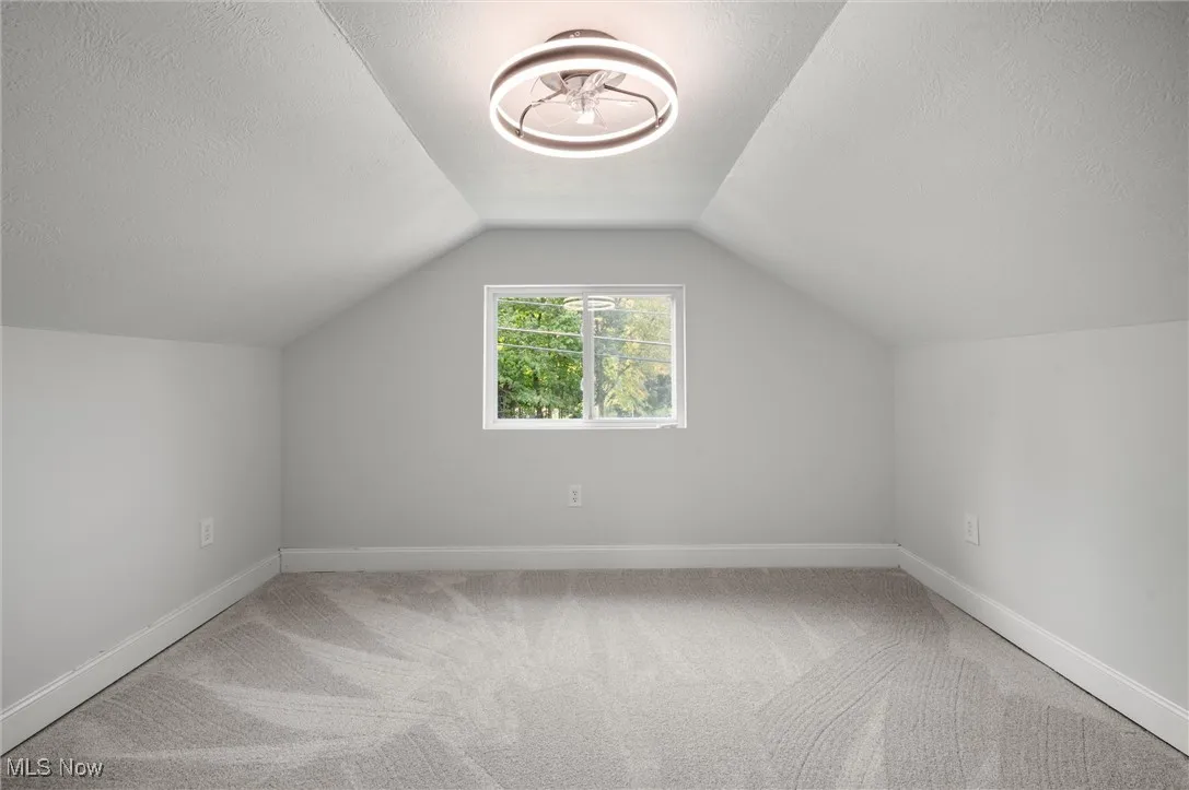 Additional living space featuring light colored carpet, a textured ceiling, and lofted ceiling
