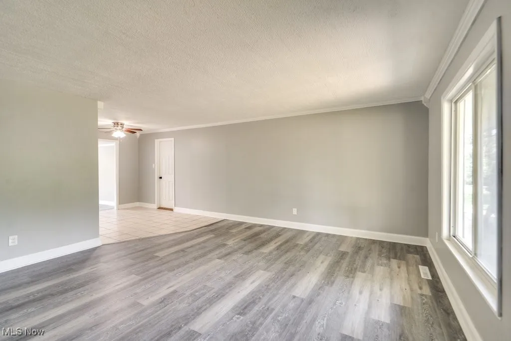 Spare room with ornamental molding, light wood-style floors, a textured ceiling, and a ceiling fan