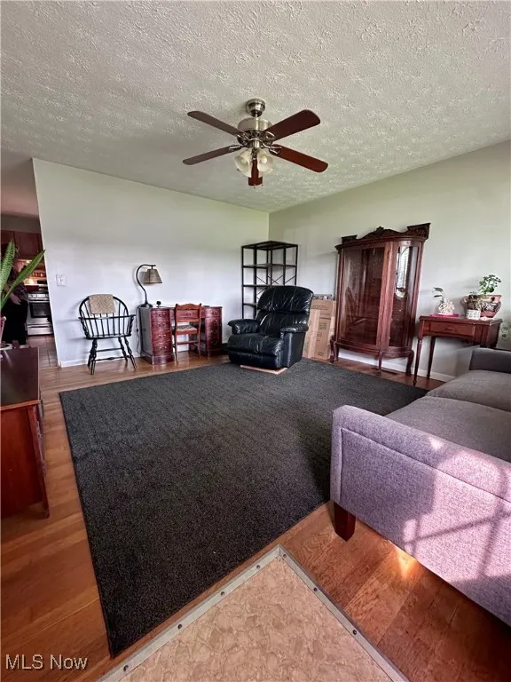 Living area featuring a textured ceiling, a ceiling fan, and wood finished floors