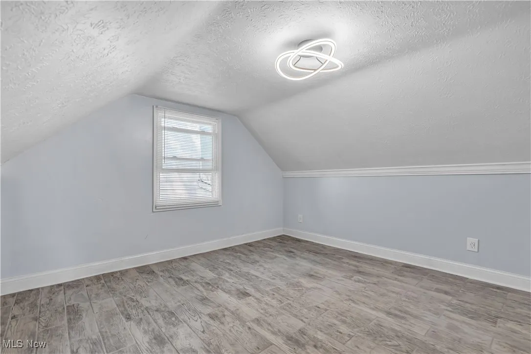 Bonus room featuring light wood finished floors, a textured ceiling, and vaulted ceiling