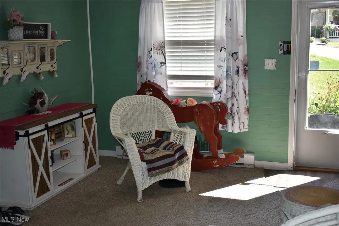 Sitting room featuring wood walls and carpet flooring