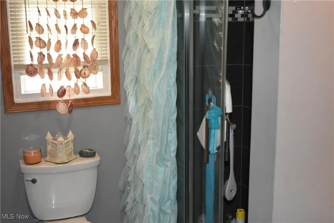 Bathroom featuring a shower with shower curtain and toilet