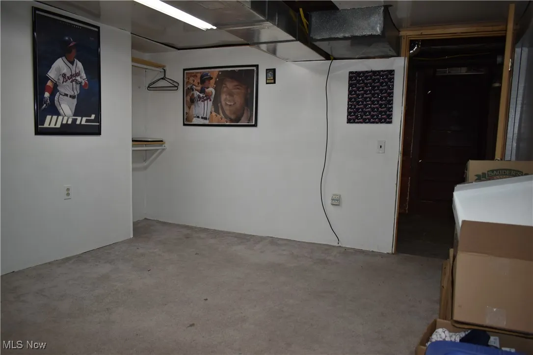 Basement with carpet flooring
