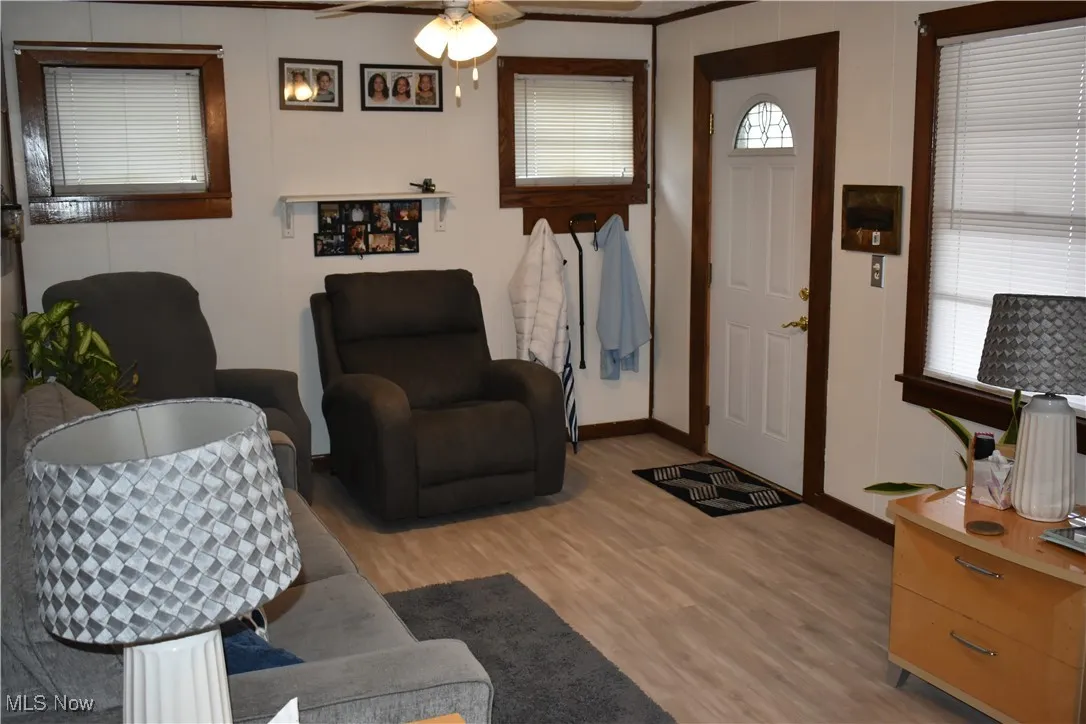 Entryway featuring light wood-type flooring and a ceiling fan