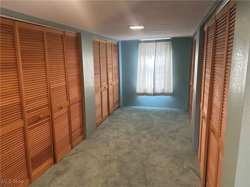 Unfurnished bedroom with two closets, a textured wall, and carpet floors