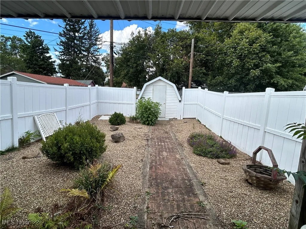 Fenced backyard featuring a shed
