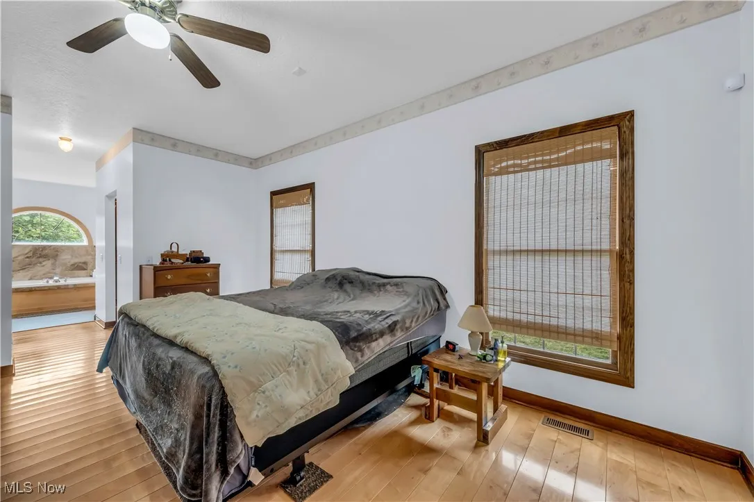 Master Bedroom featuring light wood-type flooring, ceiling fan, and ensuite bathroom