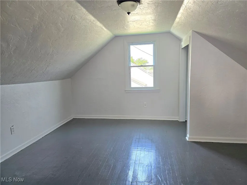 Additional living space featuring a textured ceiling, dark wood-style flooring, vaulted ceiling, and a textured wall