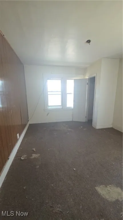 Carpeted spare room featuring wood walls