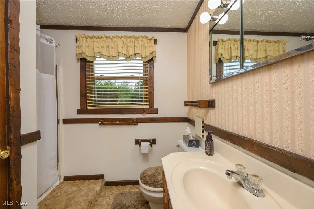Bathroom featuring a textured ceiling, ornamental molding, vanity, and curtained shower