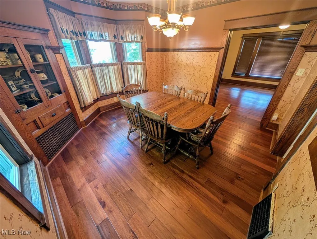 Dining room with wallpapered walls, dark wood finished floors, and a chandelier