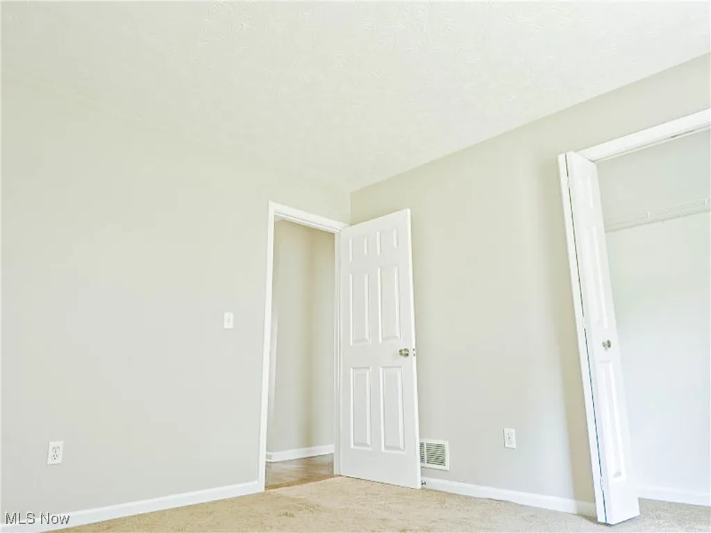 Unfurnished bedroom featuring light carpet, a textured ceiling, and a closet
