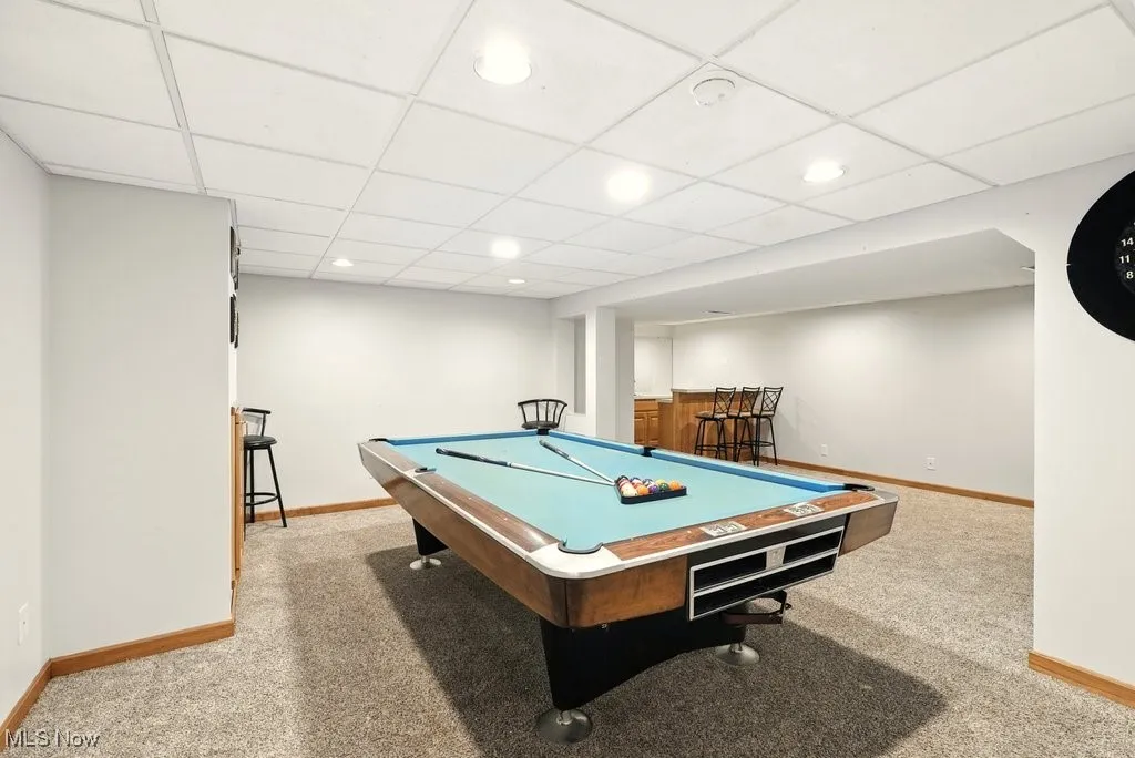 Playroom featuring light carpet, a drop ceiling, recessed lighting, and billiards