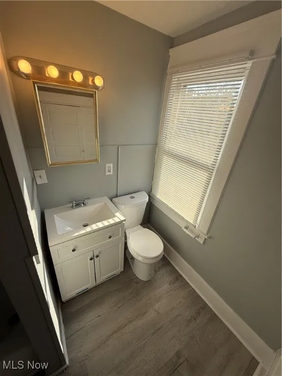 Half bath featuring vanity and dark wood-type flooring
