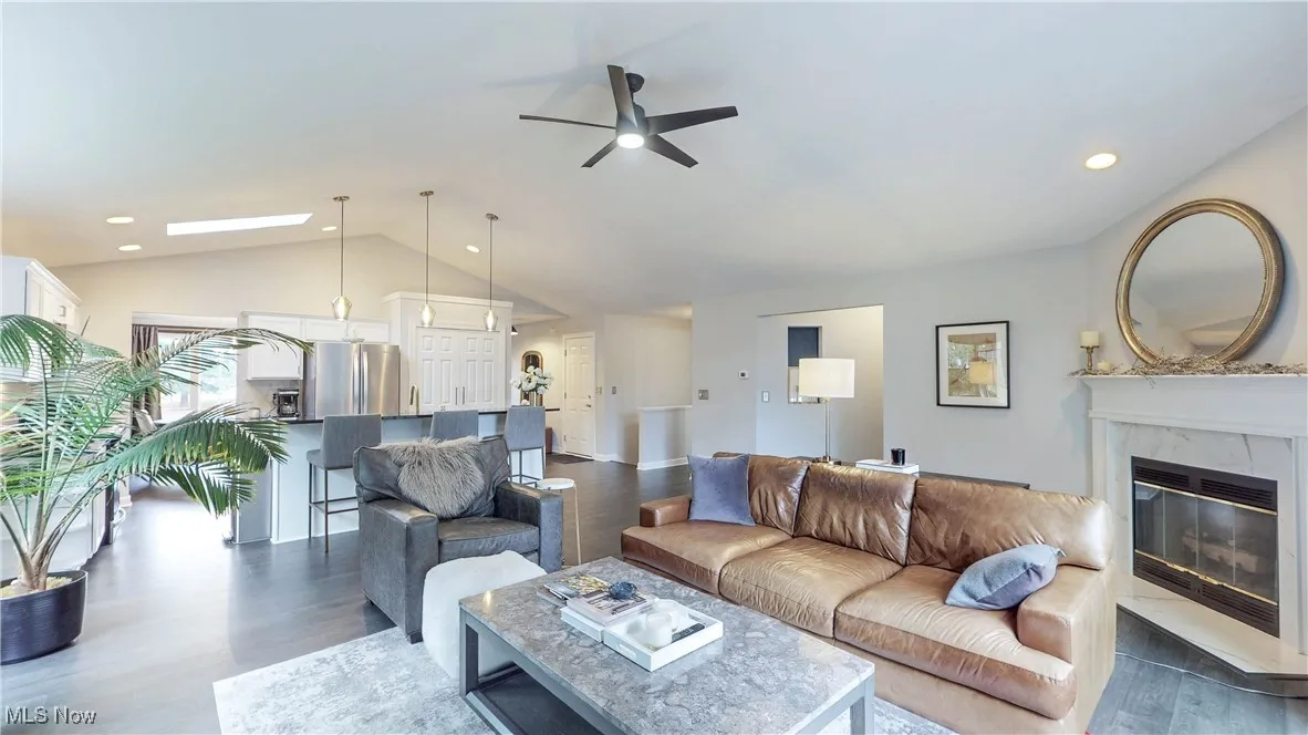Living area with dark wood-style flooring, a premium fireplace, a ceiling fan, recessed lighting, and a skylight