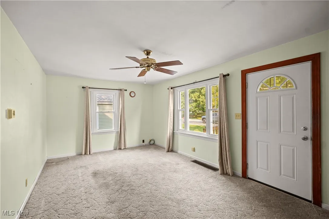 Entrance foyer with carpet flooring, healthy amount of natural light, and a ceiling fan