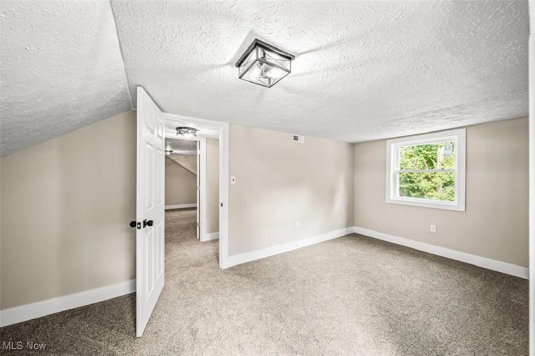 Additional living space featuring a textured ceiling and carpet flooring