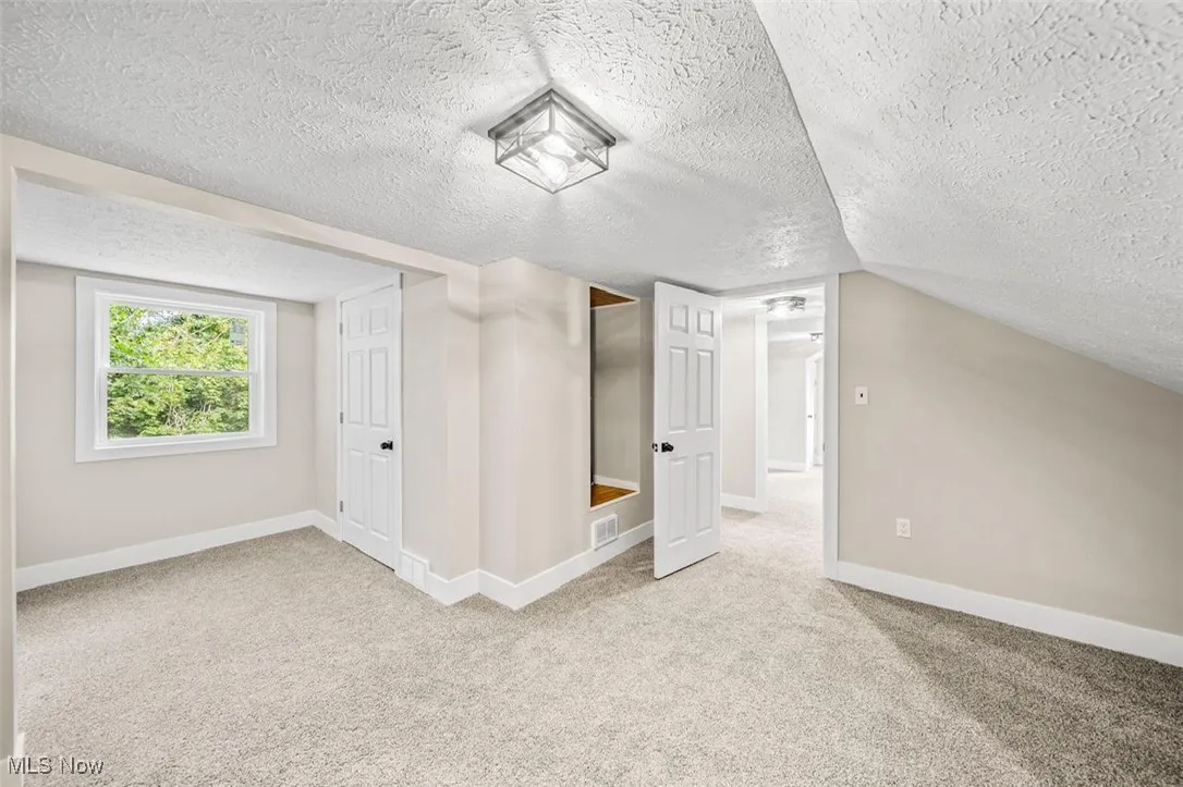 Bonus room with light colored carpet and a textured ceiling