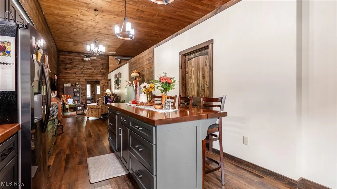 Kitchen with a kitchen breakfast bar, butcher block countertops, pendant lighting, wood ceiling, and dark wood-style floors