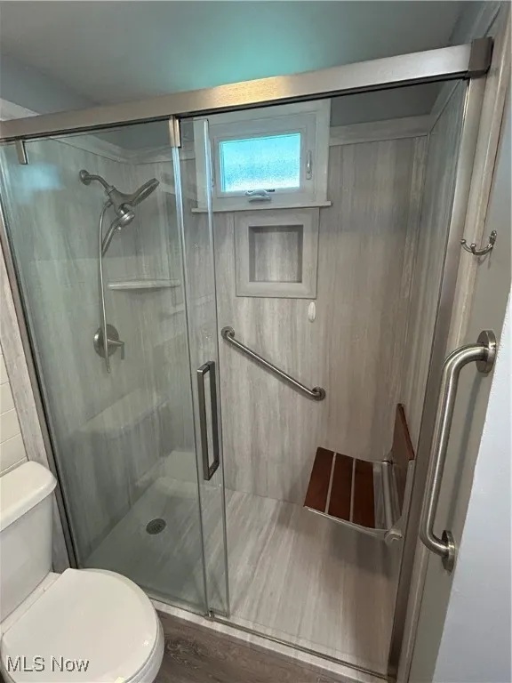Bathroom with a stall shower and toilet