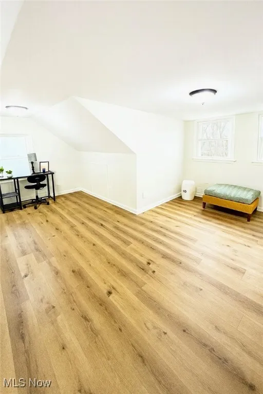 Additional living space with light wood-style flooring and vaulted ceiling