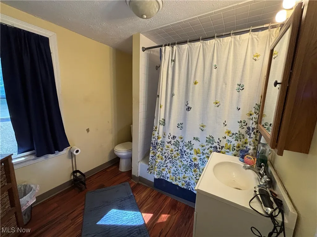 Bathroom with dark wood finished floors, vanity, a textured ceiling, and shower / bath combo with shower curtain