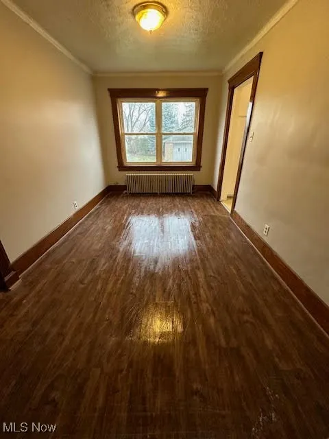 Empty room featuring dark wood-style floors, a textured ceiling, radiator heating unit, and ornamental molding