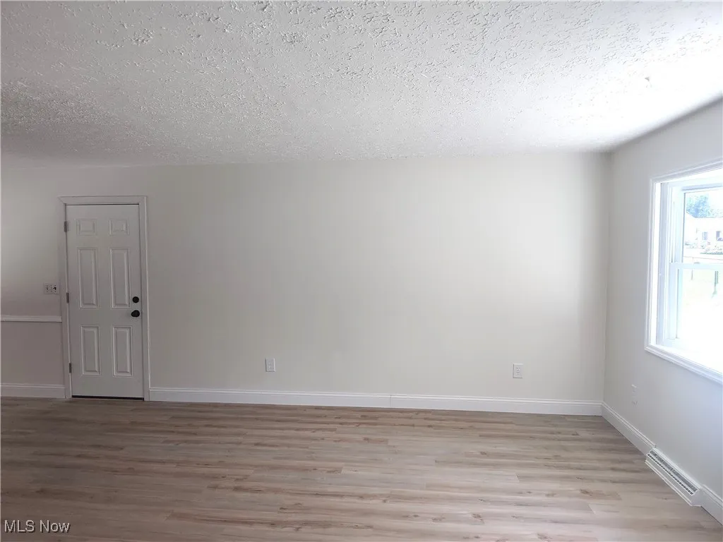 Spare room with light wood-style floors, a textured ceiling, and a baseboard radiator