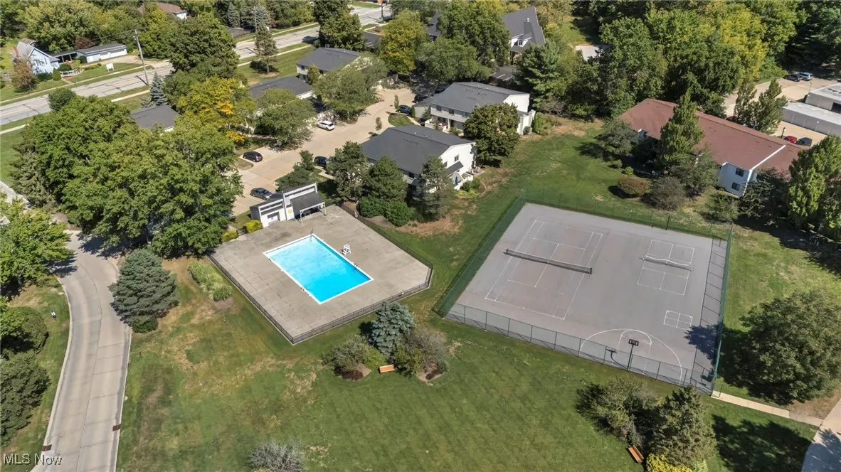 Aerial overview of property's location with a pool