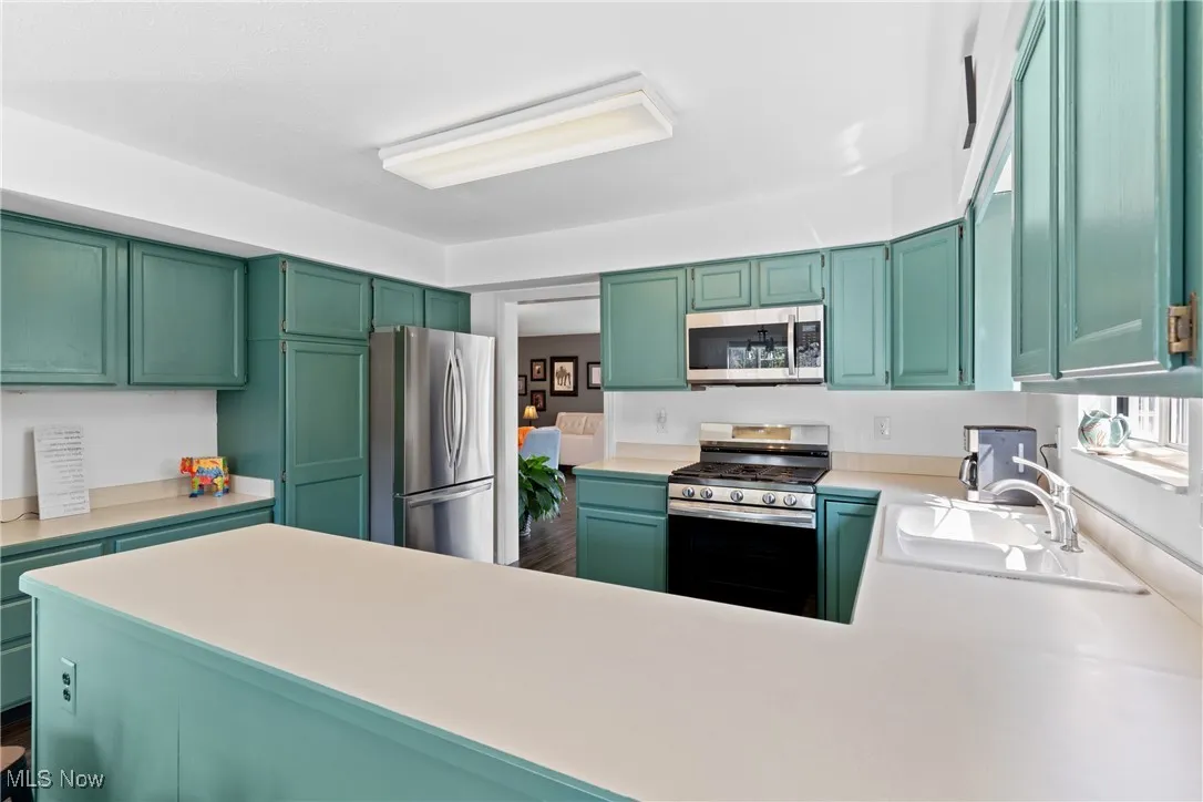 Kitchen with stainless steel appliances, green cabinets, and light countertops