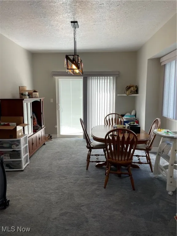 Carpeted dining space featuring a textured ceiling and a chandelier
