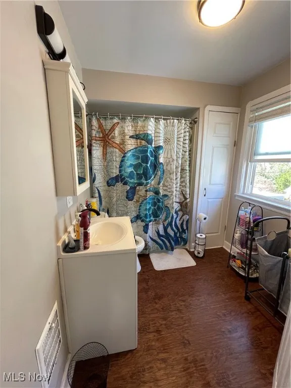 Bathroom with vanity and dark wood-style floors