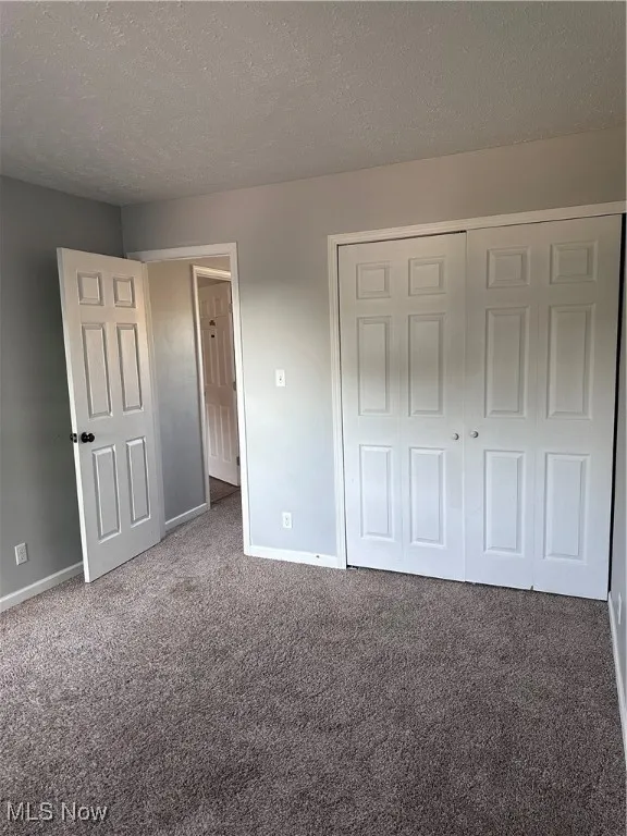 Unfurnished bedroom with carpet, a textured ceiling, and a closet
