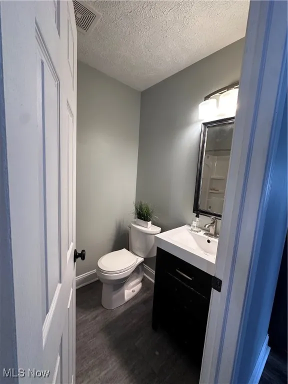Bathroom featuring dark wood-style floors, vanity, and a textured ceiling