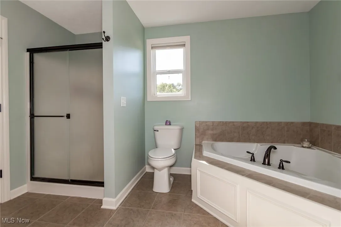 Bathroom with a garden tub, dark tile patterned floors, and a shower stall