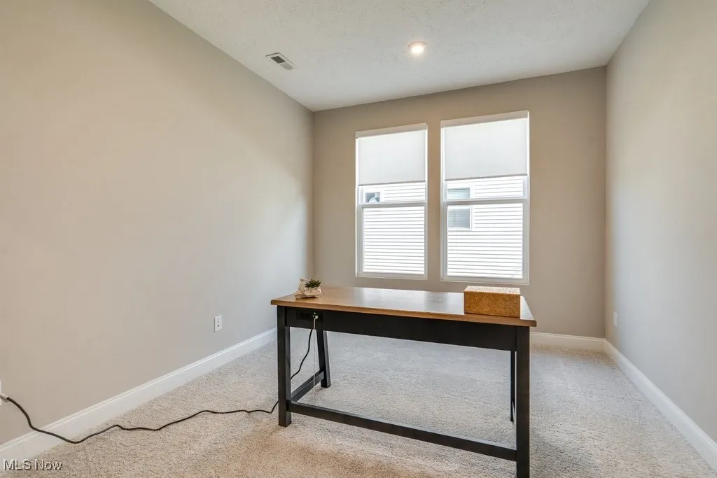 Unfurnished office with light carpet and a textured ceiling