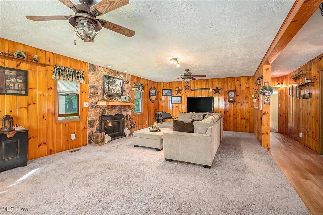 Living area with a textured ceiling, a ceiling fan, wood walls, a stone fireplace, and carpet floors