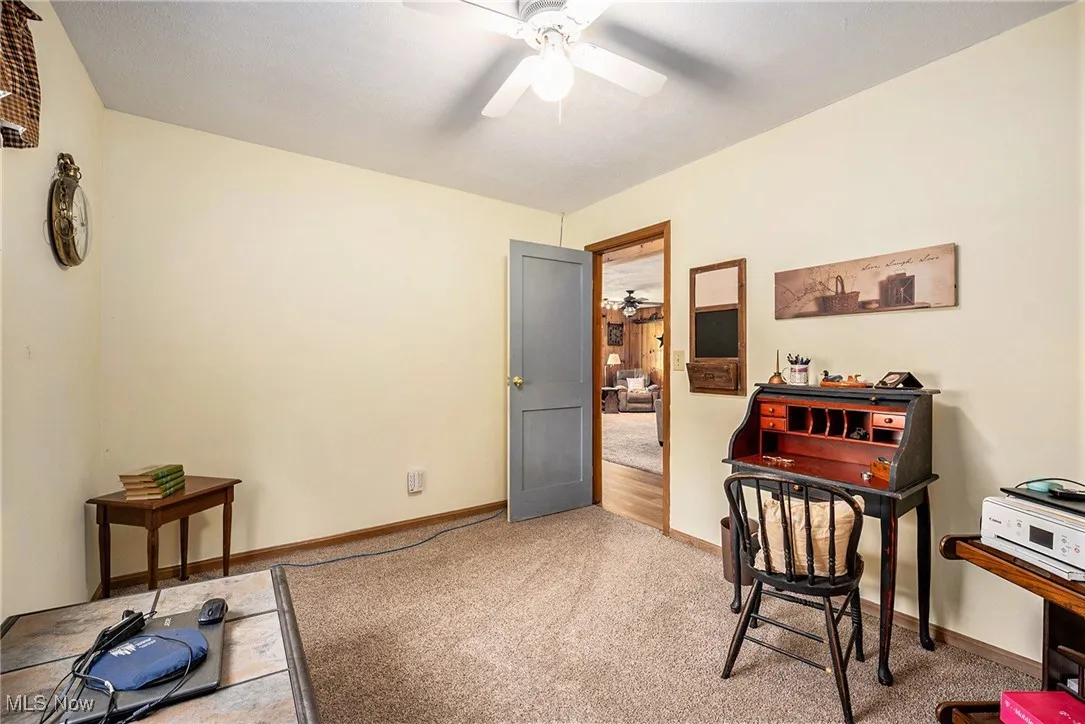 Office with light colored carpet and ceiling fan