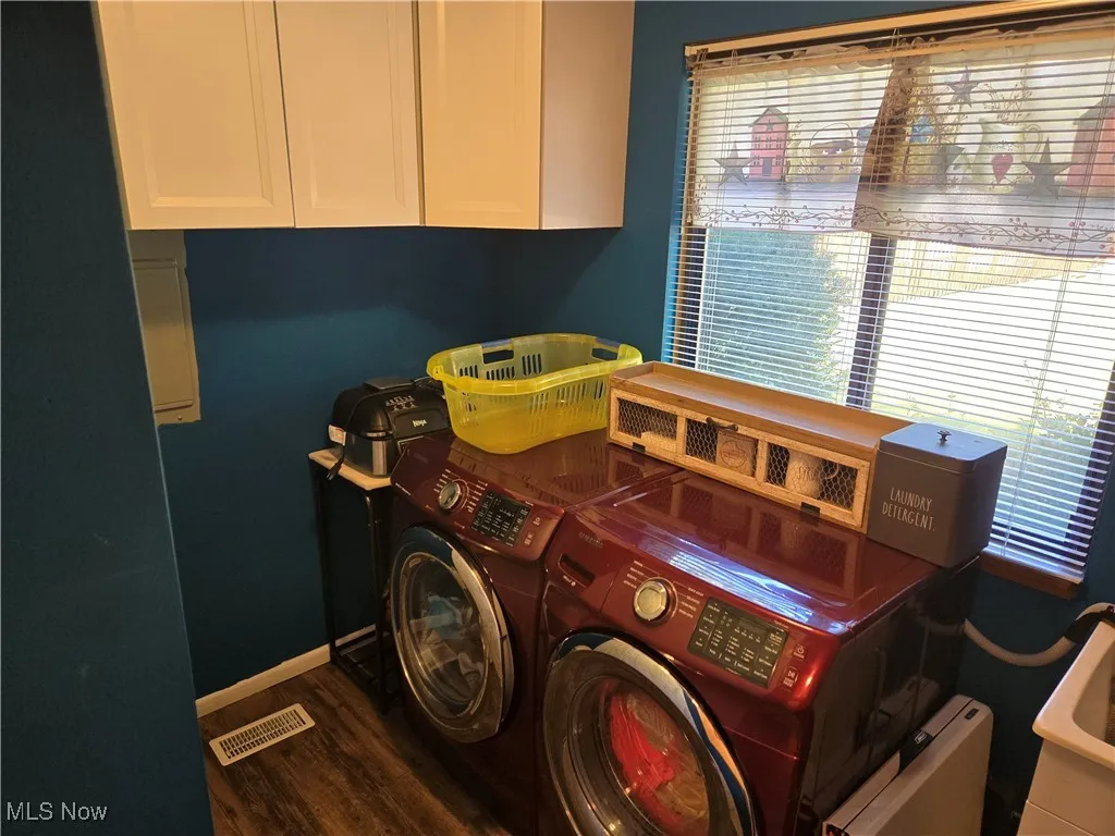 Laundry room featuring cabinet space, dark wood-style flooring, and washer and clothes dryer