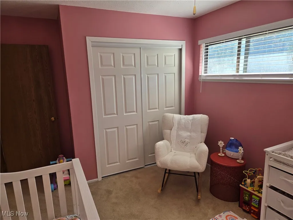 Bedroom with light carpet and a closet