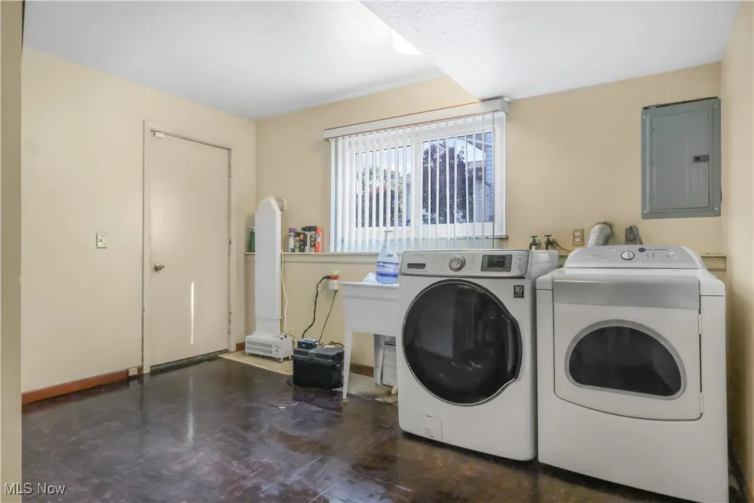 Laundry room featuring electric panel and washing machine and clothes dryer
