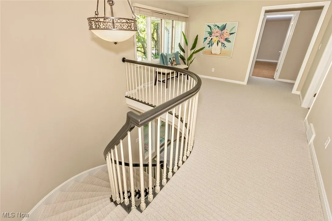 Staircase featuring carpet flooring and baseboards