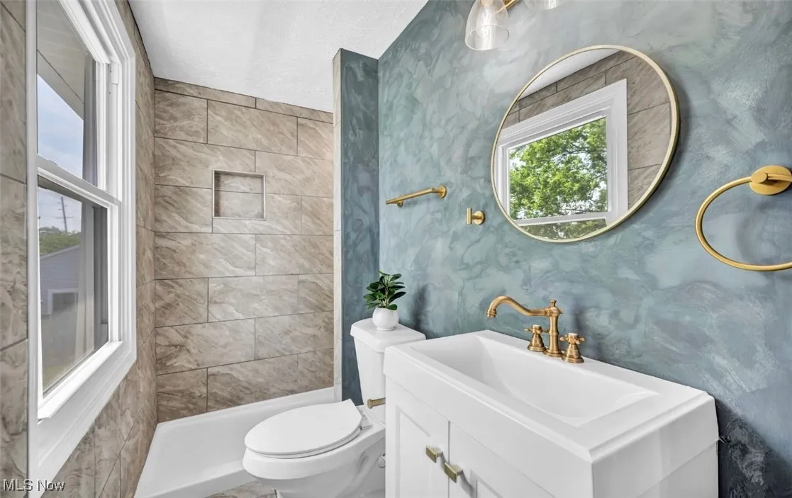 Full bathroom featuring vanity, plenty of natural light, and a shower stall