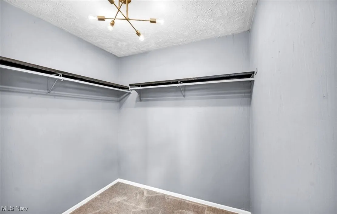 Walk in closet with light carpet and a chandelier